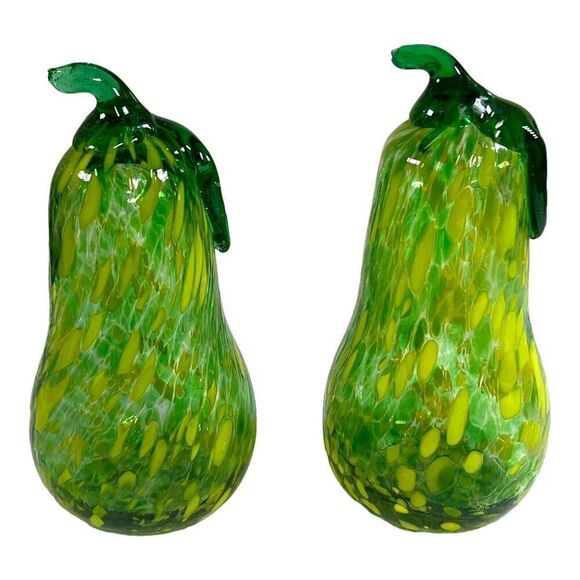 Pair Glass Pears Set Of 2 Hand Blown Mottled Green Yellow Art Glass Fruit 7” - Picture 2 of 4